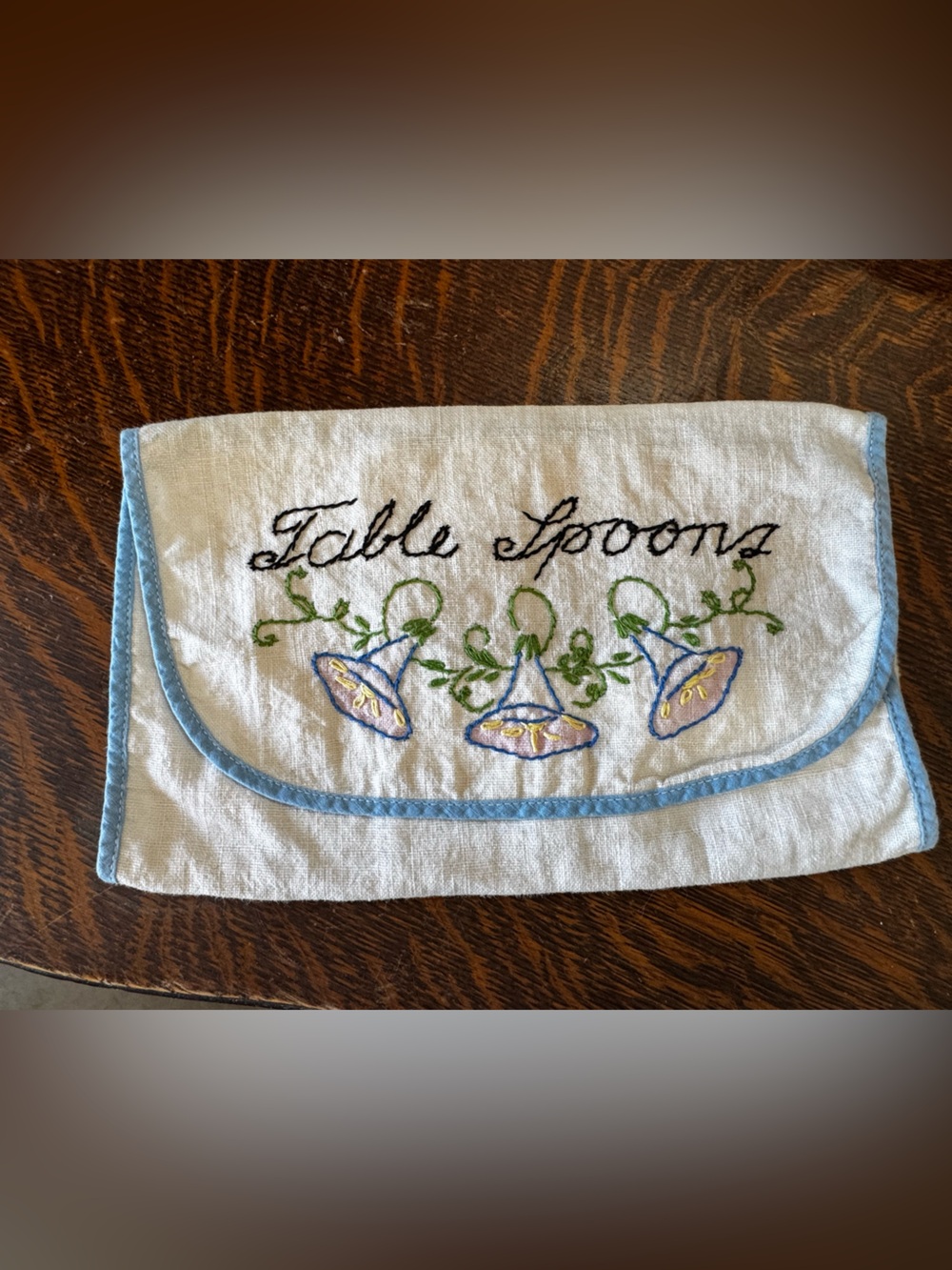 Embroidered Blue Trim 'Table Spoons’ Decorative Linen spoon keeper- vintage